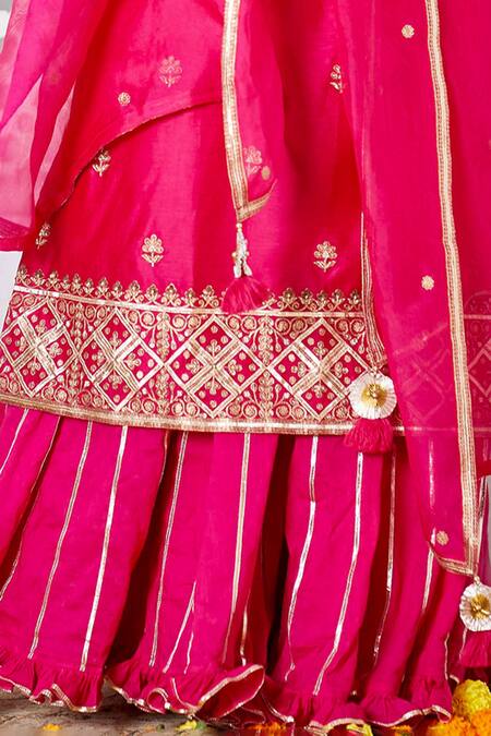 Pink City By Sarika_Pink , Cotton, Silk Chanderi Round Kurta Sharara Set _Online_at_Aza_Fashions