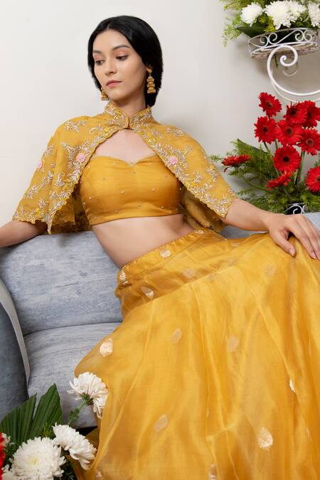 Shop Asha Gautam Yellow Banarasi Organza Cape And Lehenga Set at Aza Fashions Shop_Asha Gautam_Yellow Banarasi Organza Cape And Lehenga Set_at_Aza_Fashions