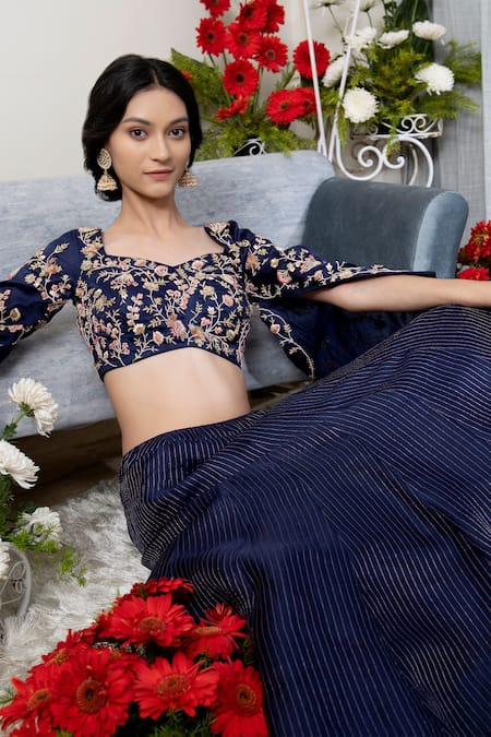 Asha Gautam_Blue Banarasi Zari Organza Sweetheart Neck Stripe Pattern Lehenga Set _Online_at_Aza_Fashions