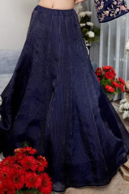 Asha Gautam_Blue Banarasi Zari Organza Sweetheart Neck Stripe Pattern Lehenga Set _at_Aza_Fashions