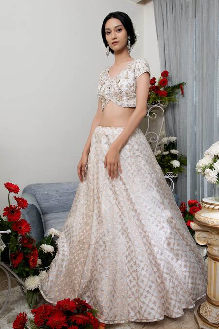 Asha Gautam_White Banarasi Zari Organza V Neck Lehenga Set_Online_at_Aza_Fashions
