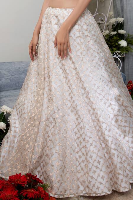Shop_Asha Gautam_White Banarasi Zari Organza V Neck Lehenga Set_Online_at_Aza_Fashions