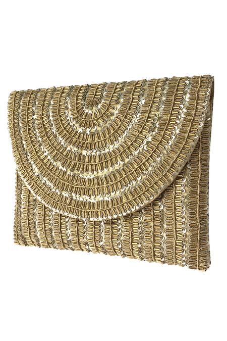 Shop Kokommo Gold Brocade Ra Flap Clutch at Aza Fashions Shop_Kokommo_Gold Brocade Ra Flap Clutch _at_Aza_Fashions