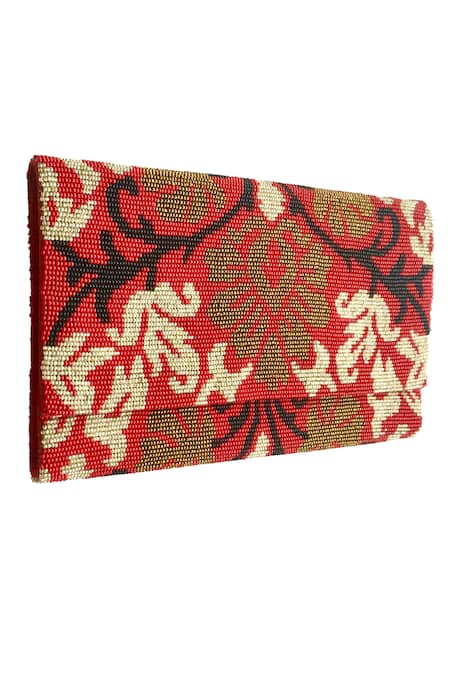 Shop Kokommo Red Embroidery, Beads Bella Flap Clutch at Aza Fashions Shop_Kokommo_Red Embroidery, Beads Bella Flap Clutch _at_Aza_Fashions