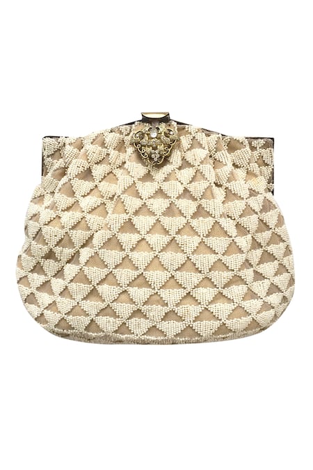 Kokommo White Embroidery, Pearls Bead Embellished Clutch