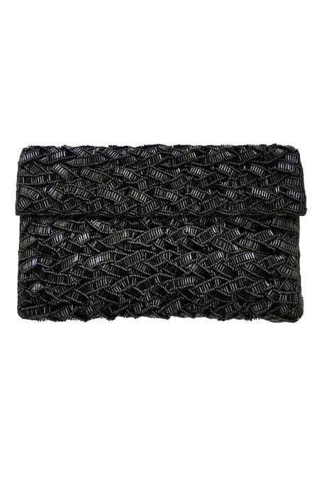 Shop Kokommo Black Embellished Handwoven Turin Flap Clutch at Aza Fashions Shop_Kokommo_Black Embellished Handwoven Turin Flap Clutch _at_Aza_Fashions