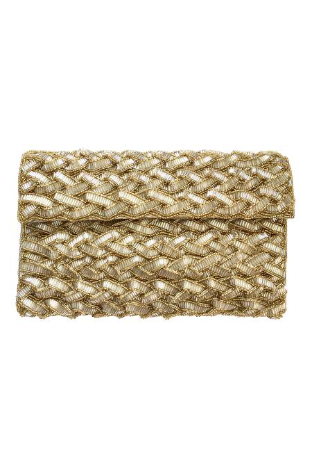 Shop Kokommo Gold Embellished Handwoven Turin Flap Clutch at Aza Fashions Shop_Kokommo_Gold Embellished Handwoven Turin Flap Clutch _at_Aza_Fashions