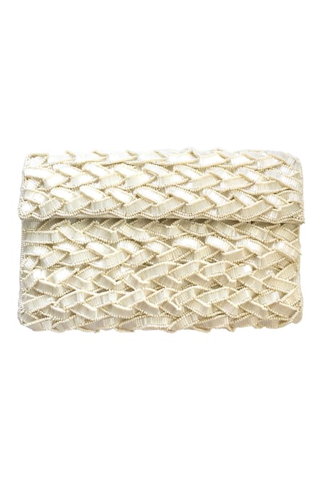 Shop Kokommo White Embroidery, Beads Embellished Handwoven Flap Clutch at Aza Fashions Shop_Kokommo_White Embroidery, Beads Embellished Handwoven Flap Clutch _at_Aza_Fashions