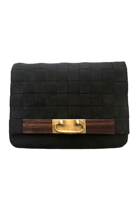 Shop Kokommo Black Woven Flap Clutch at Aza Fashions Shop_Kokommo_Black Woven Flap Clutch _at_Aza_Fashions