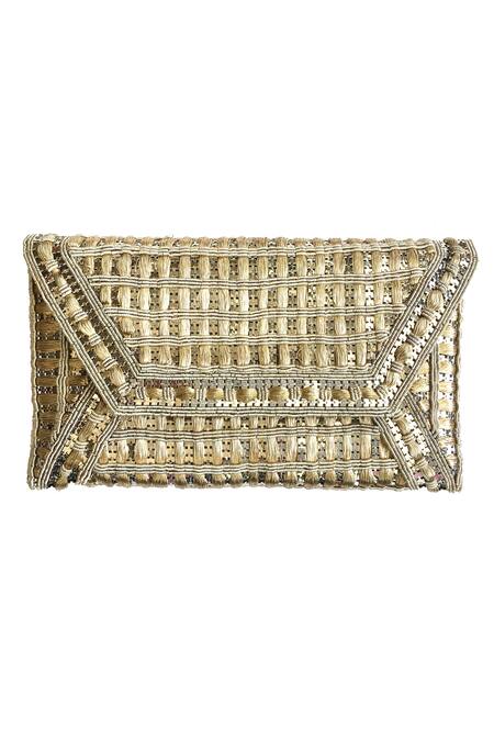Shop Kokommo Gold Embellished Woven Como Flap Clutch at Aza Fashions Shop_Kokommo_Gold Embellished Woven Como Flap Clutch _at_Aza_Fashions