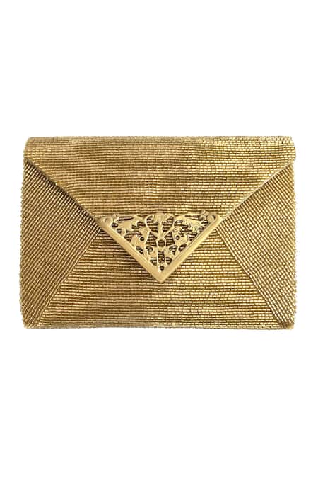 Shop Kokommo Gold Embellished Beaded Jardin Flap Clutch at Aza Fashions Shop_Kokommo_Gold Embellished Beaded Jardin Flap Clutch _at_Aza_Fashions