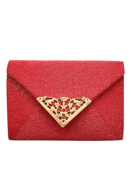 Shop Kokommo Red Embellished Beaded Jardin Flap Clutch at Aza Fashions Shop_Kokommo_Red Embellished Beaded Jardin Flap Clutch _at_Aza_Fashions