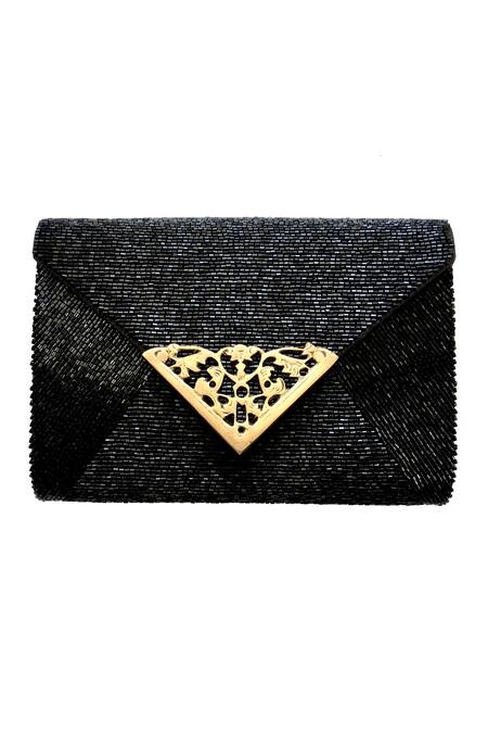 Shop Kokommo Black Embellished Beaded Jardin Flap Clutch at Aza Fashions Shop_Kokommo_Black Embellished Beaded Jardin Flap Clutch _at_Aza_Fashions
