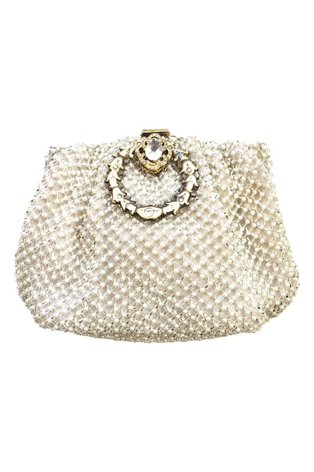 Shop Kokommo White Embellished Brocade Clutch at Aza Fashions Shop_Kokommo_White Embellished Brocade Clutch _at_Aza_Fashions