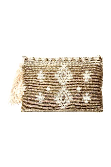Shop Kokommo Gold Embellished Bead Ikat Tassel Clutch at Aza Fashions Shop_Kokommo_Gold Embellished Bead Ikat Tassel Clutch _at_Aza_Fashions