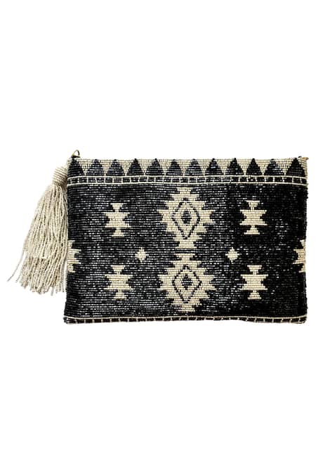Shop Kokommo Black Embellished Bead Ikat Tassel Clutch at Aza Fashions Shop_Kokommo_Black Embellished Bead Ikat Tassel Clutch _at_Aza_Fashions