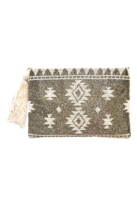 Shop Kokommo Silver Embellished Bead Ikat Tassel Clutch at Aza Fashions Shop_Kokommo_Silver Embellished Bead Ikat Tassel Clutch _at_Aza_Fashions