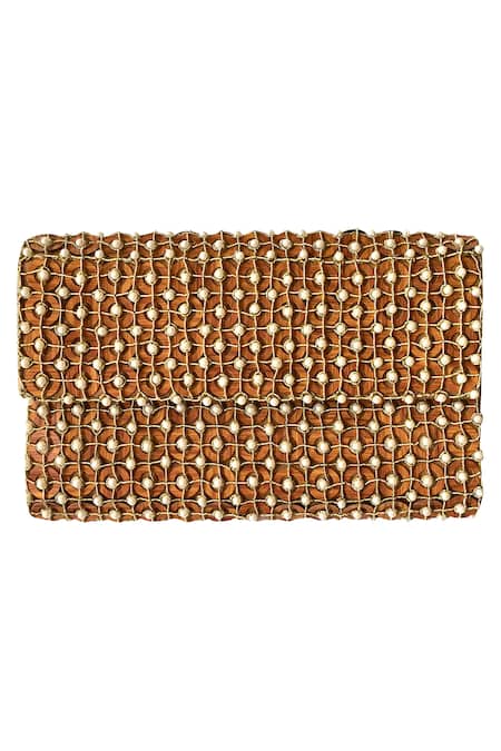 Kokommo Brown Zari Tan Pearl-zardozi Clutch