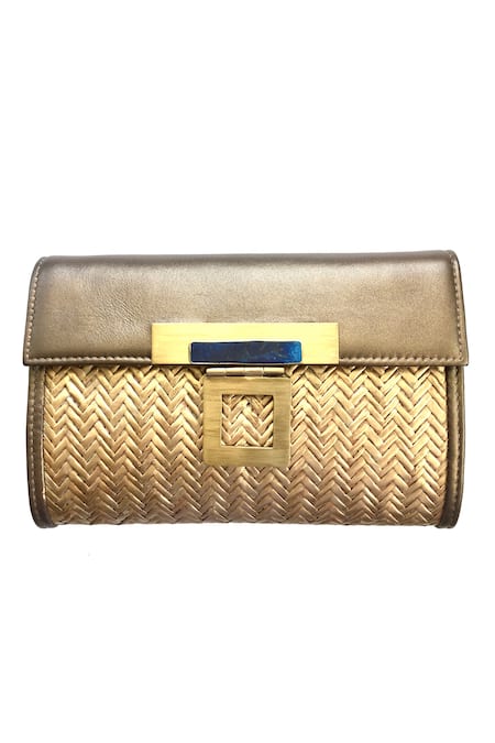 Shop Kokommo Gold Embellished Corbusier Flap Clutch at Aza Fashions Shop_Kokommo_Gold Embellished Corbusier Flap Clutch _at_Aza_Fashions