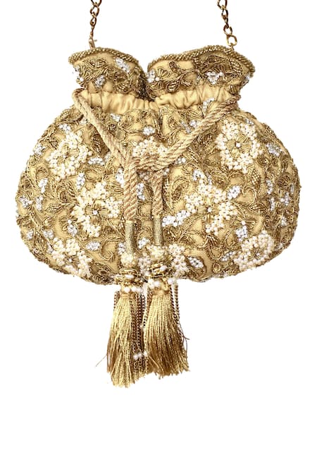 Buy Kokommo Gold Embellished Floral Embroidered Potli Bag at Aza Fashions Buy_Kokommo_Gold Embellished Floral Embroidered Potli Bag _at_Aza_Fashions