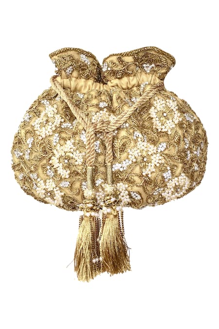 Shop Kokommo Gold Embellished Floral Embroidered Potli Bag at Aza Fashions Shop_Kokommo_Gold Embellished Floral Embroidered Potli Bag _at_Aza_Fashions
