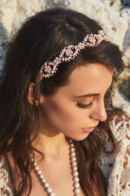 PRERTO_Gold Swarovski Crystal Floral Cutwork Headband_Online_at_Aza_Fashions