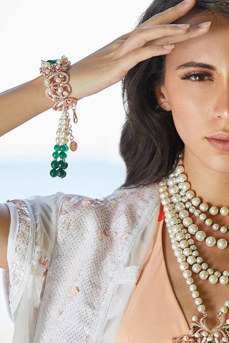 PRERTO Gold Plated Stones, Crystals Adella Tassel Cuff Online at Aza Fashions PRERTO_Gold Plated Stones, Crystals Adella Tassel Cuff _Online_at_Aza_Fashions