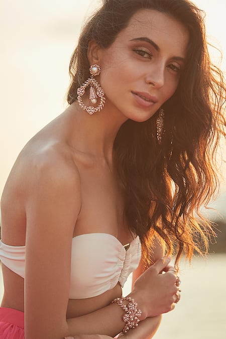 Shop_PRERTO_Gold Plated Swarovski Crystal Cynthia Floral Danglers_at_Aza_Fashions