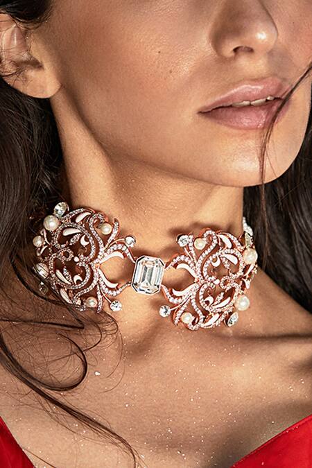 PRERTO_Gold Plated Pearl And Swarovski Crystal Choker_Online_at_Aza_Fashions
