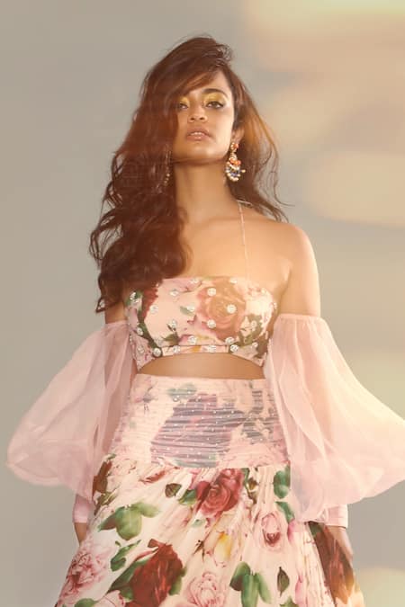 Shop Shehlaa Khan Pink Organza, Crepe Sweetheart Neck Printed Off Shoulder Blouse And Lehenga Set at Aza Fashions Shop_Shehlaa Khan_Pink Organza, Crepe Sweetheart Neck Printed Off Shoulder Blouse And Lehenga Set _at_Aza_Fashions