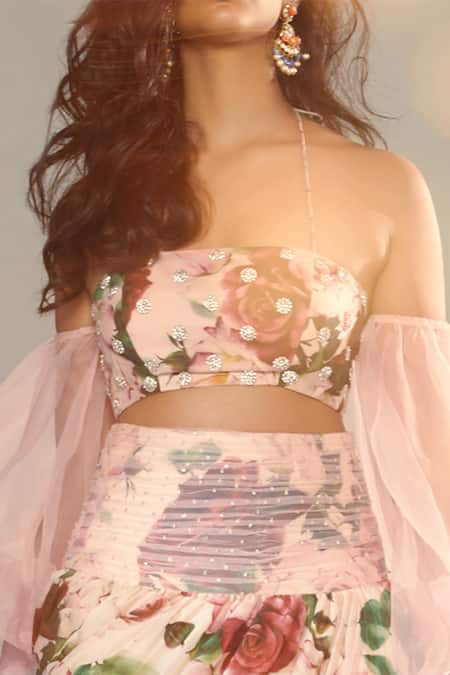 Shehlaa Khan Pink Organza, Crepe Sweetheart Neck Printed Off Shoulder Blouse And Lehenga Set Online at Aza Fashions Shehlaa Khan_Pink Organza, Crepe Sweetheart Neck Printed Off Shoulder Blouse And Lehenga Set _Online_at_Aza_Fashions