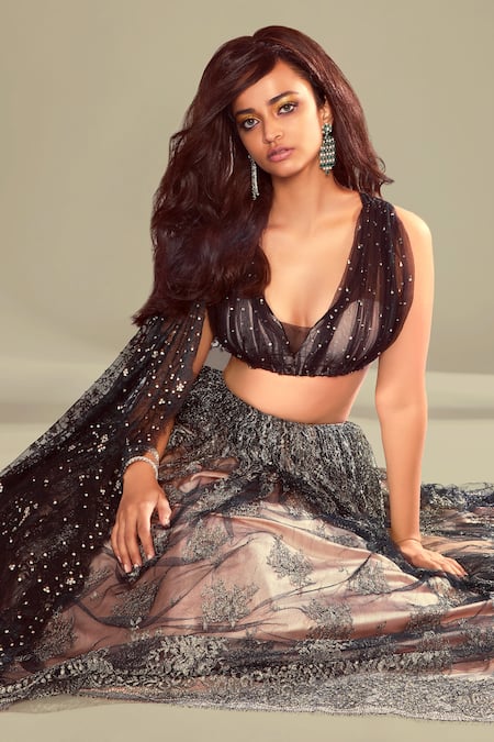 Shop Shehlaa Khan Black Tulle, Lace V Neck Embellished Blouse And Lehenga Set at Aza Fashions Shop_Shehlaa Khan_Black Tulle, Lace V Neck Embellished Blouse And Lehenga Set _at_Aza_Fashions