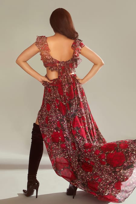 Shop Shehlaa Khan Red Georgette Sweetheart Neck Floral Print Gown at Aza Fashions Shop_Shehlaa Khan_Red Georgette Sweetheart Neck Floral Print Gown _at_Aza_Fashions