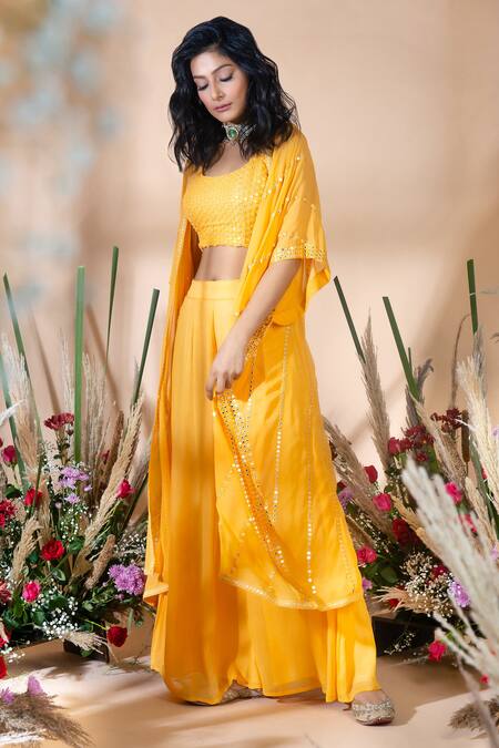Shop Bhumika Grover Yellow Embellished Blouse And Palazzo Set at Aza Fashions Shop_Bhumika Grover_Yellow Embellished Blouse And Palazzo Set _at_Aza_Fashions