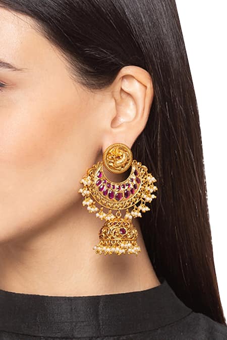 Buy_HRISHA_Gold Plated Stones, Beads Carved Chandbali Jhumkas _Online_at_Aza_Fashions