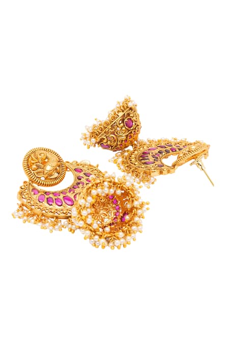 HRISHA_Gold Plated Stones, Beads Carved Chandbali Jhumkas _Online_at_Aza_Fashions