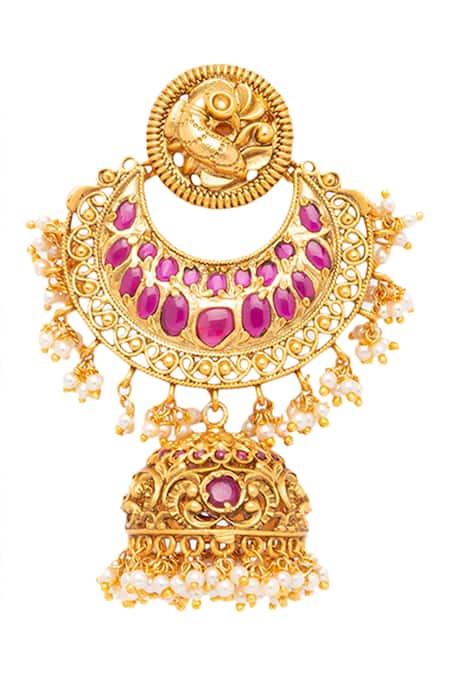 Shop_HRISHA_Gold Plated Stones, Beads Carved Chandbali Jhumkas _Online_at_Aza_Fashions