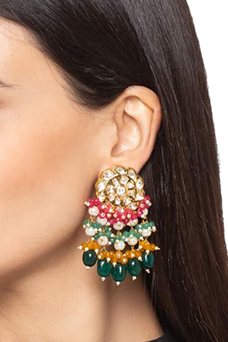 Buy HRISHA Gold Plated Fabric Flowers, Crystals Floral Kundan Polki Danglers Online at Aza Fashions Buy_HRISHA_Gold Plated Fabric Flowers, Crystals Floral Kundan Polki Danglers _Online_at_Aza_Fashions
