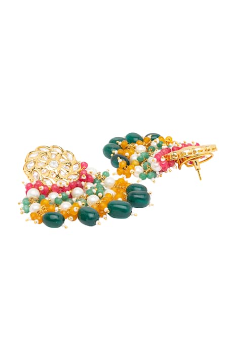 HRISHA Gold Plated Fabric Flowers, Crystals Floral Kundan Polki Danglers Online at Aza Fashions HRISHA_Gold Plated Fabric Flowers, Crystals Floral Kundan Polki Danglers _Online_at_Aza_Fashions