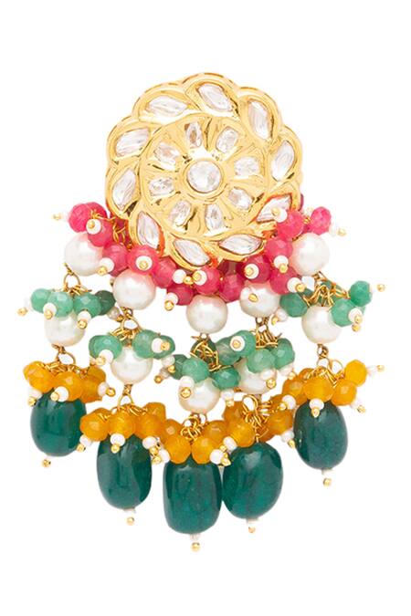 Shop HRISHA Gold Plated Fabric Flowers, Crystals Floral Kundan Polki Danglers Online at Aza Fashions Shop_HRISHA_Gold Plated Fabric Flowers, Crystals Floral Kundan Polki Danglers _Online_at_Aza_Fashions
