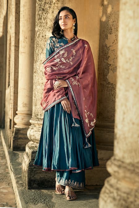 Matsya Blue Chanderi Silk Embroidery Floral Mandarin Collar Anarkali Palazzo Set Online at Aza Fashions Matsya_Blue Chanderi Silk Embroidery Floral Mandarin Collar Anarkali Palazzo Set _Online_at_Aza_Fashions