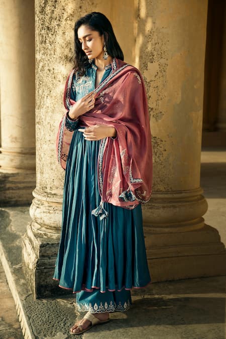 Buy Matsya Blue Chanderi Silk Embroidery Floral Mandarin Collar Anarkali Palazzo Set Online at Aza Fashions Buy_Matsya_Blue Chanderi Silk Embroidery Floral Mandarin Collar Anarkali Palazzo Set _Online_at_Aza_Fashions