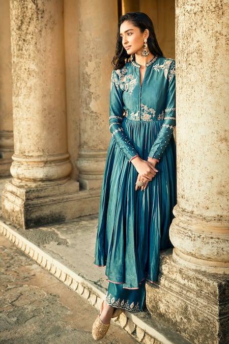 Matsya Blue Chanderi Silk Embroidery Floral Mandarin Collar Anarkali Palazzo Set at Aza Fashions Matsya_Blue Chanderi Silk Embroidery Floral Mandarin Collar Anarkali Palazzo Set _at_Aza_Fashions
