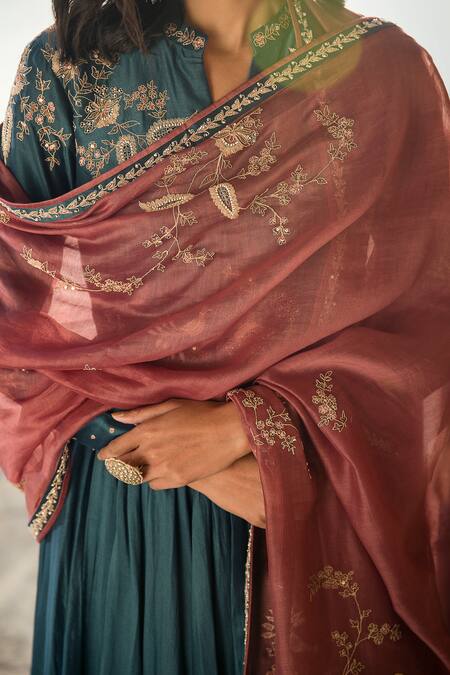 Buy Matsya Blue Chanderi Silk Embroidery Floral Mandarin Collar Anarkali Palazzo Set Buy_Matsya_Blue Chanderi Silk Embroidery Floral Mandarin Collar Anarkali Palazzo Set