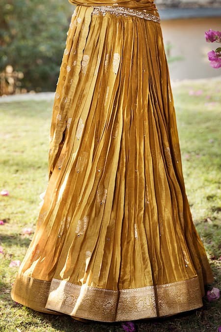 Shop Matsya Yellow Raw , Banarasi Chanderi Sweetheart Neck Lehenga Set Online at Aza Fashions Shop_Matsya_Yellow Raw , Banarasi Chanderi Sweetheart Neck Lehenga Set_Online_at_Aza_Fashions