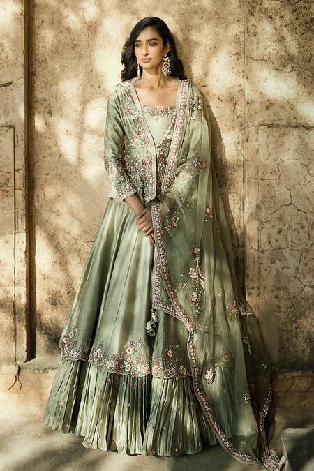 Matsya_Green Organza, Chanderi Silk V Neck Lehenga Set_Online_at_Aza_Fashions
