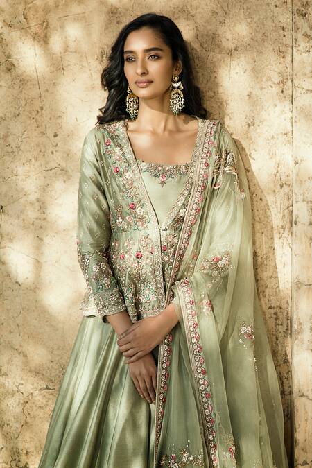 Shop_Matsya_Green Organza, Chanderi Silk V Neck Lehenga Set_Online_at_Aza_Fashions