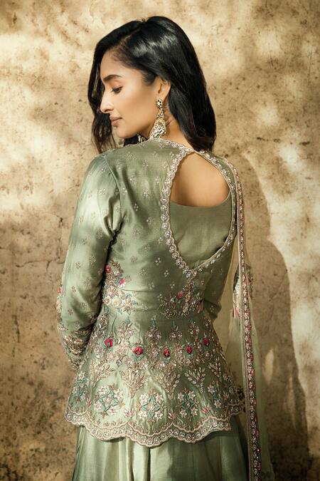 Matsya_Green Organza, Chanderi Silk V Neck Lehenga Set_at_Aza_Fashions
