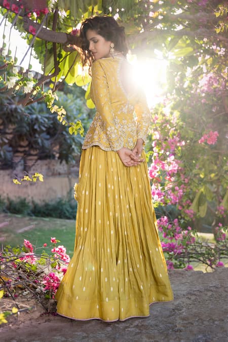 Shop Matsya Green Chanderi , Banarasi V Neck Jacket And Lehenga Set at Aza Fashions Shop_Matsya_Green Chanderi , Banarasi V Neck Jacket And Lehenga Set_at_Aza_Fashions