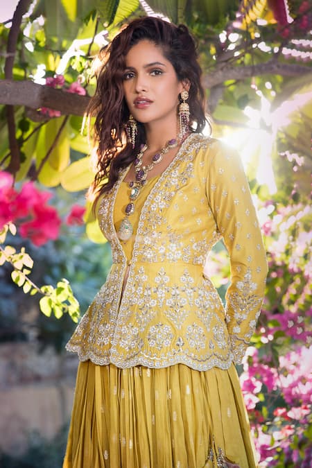 Buy Matsya Green Chanderi , Banarasi V Neck Jacket And Lehenga Set Online at Aza Fashions Buy_Matsya_Green Chanderi , Banarasi V Neck Jacket And Lehenga Set_Online_at_Aza_Fashions